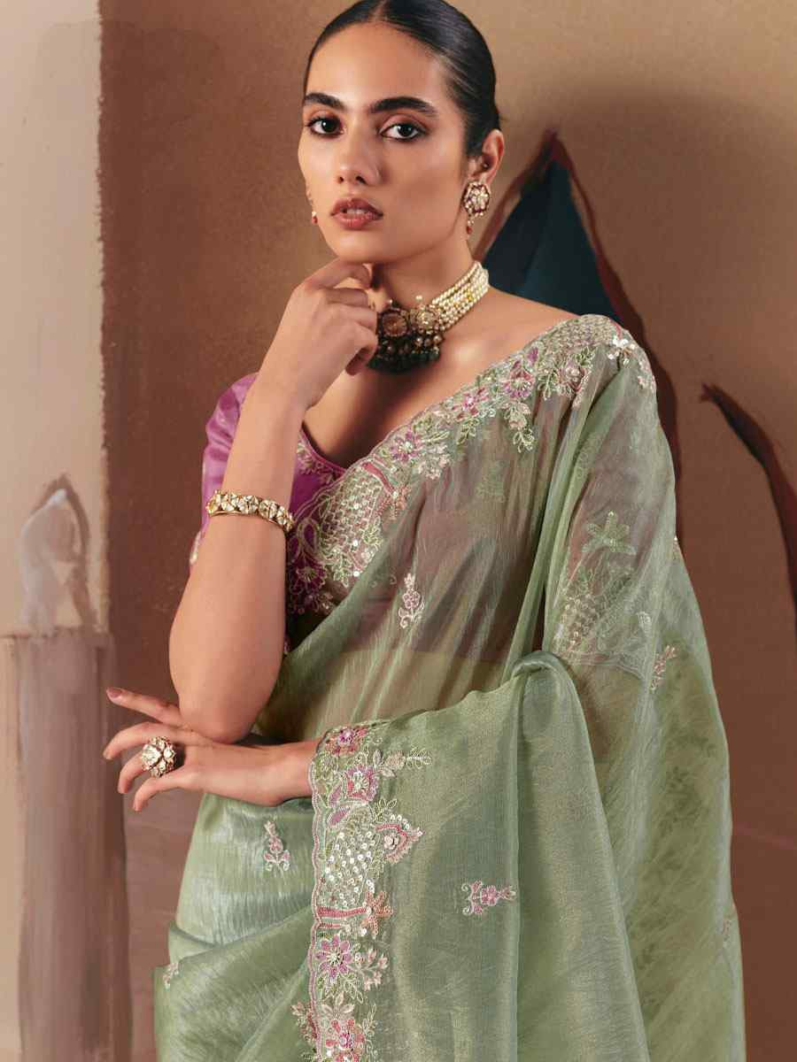 Sea Green Organza Embroidery Zari Bridal Reception Festival Wedding Fancy Heavy Border Saree