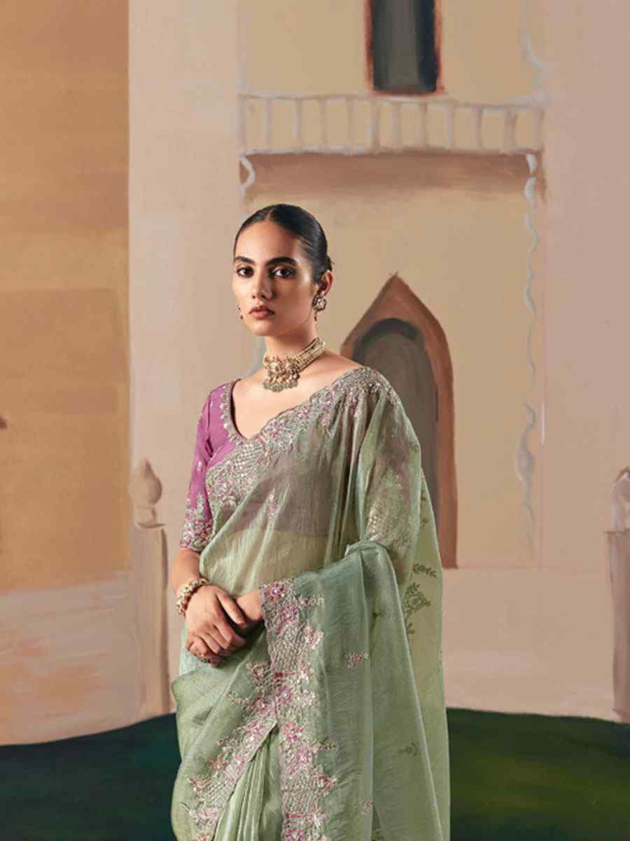 Sea Green Organza Embroidery Zari Bridal Reception Festival Wedding Fancy Heavy Border Saree