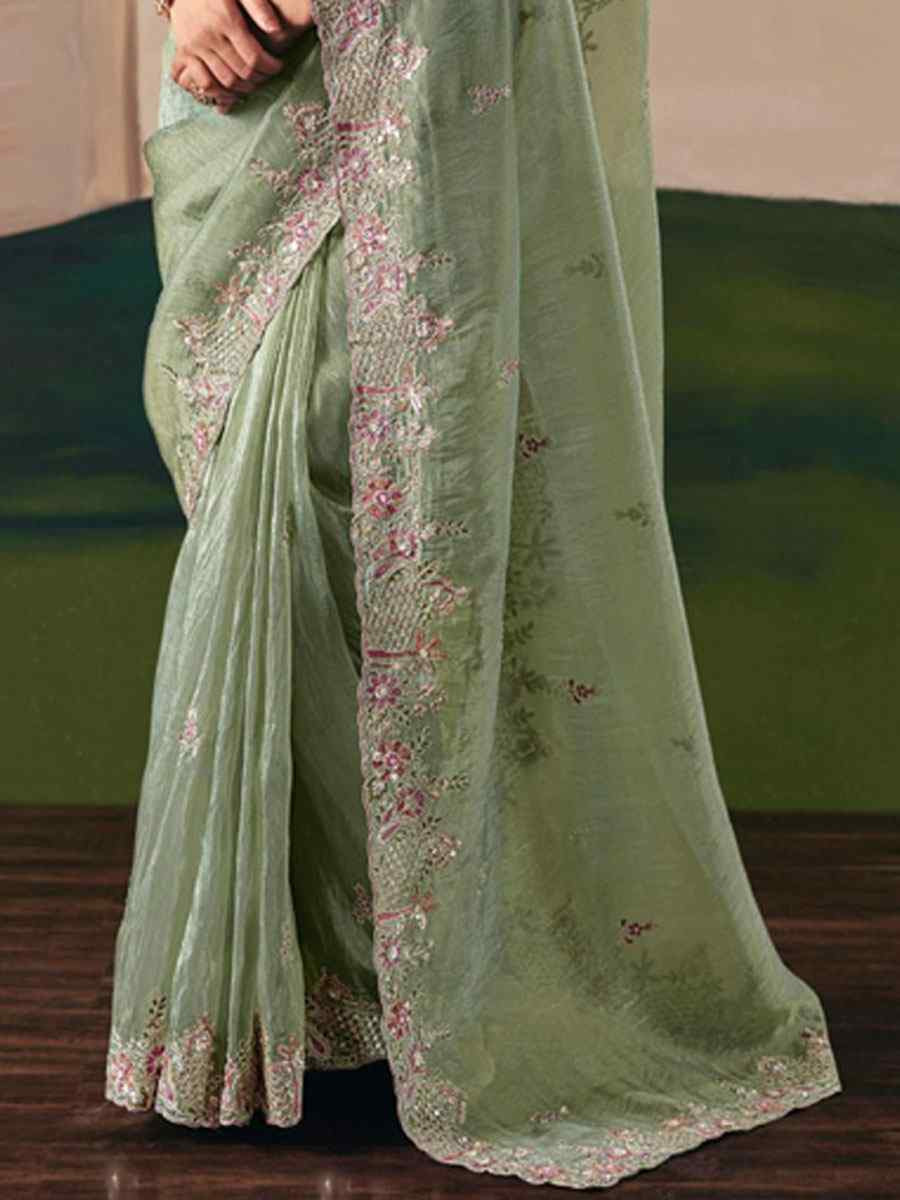 Sea Green Organza Embroidery Zari Bridal Reception Festival Wedding Fancy Heavy Border Saree