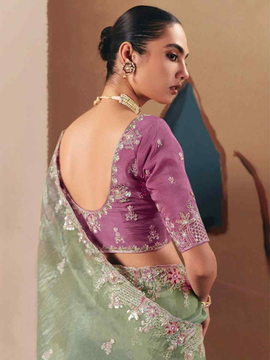 Sea Green Organza Embroidery Zari Bridal Reception Festival Wedding Fancy Heavy Border Saree