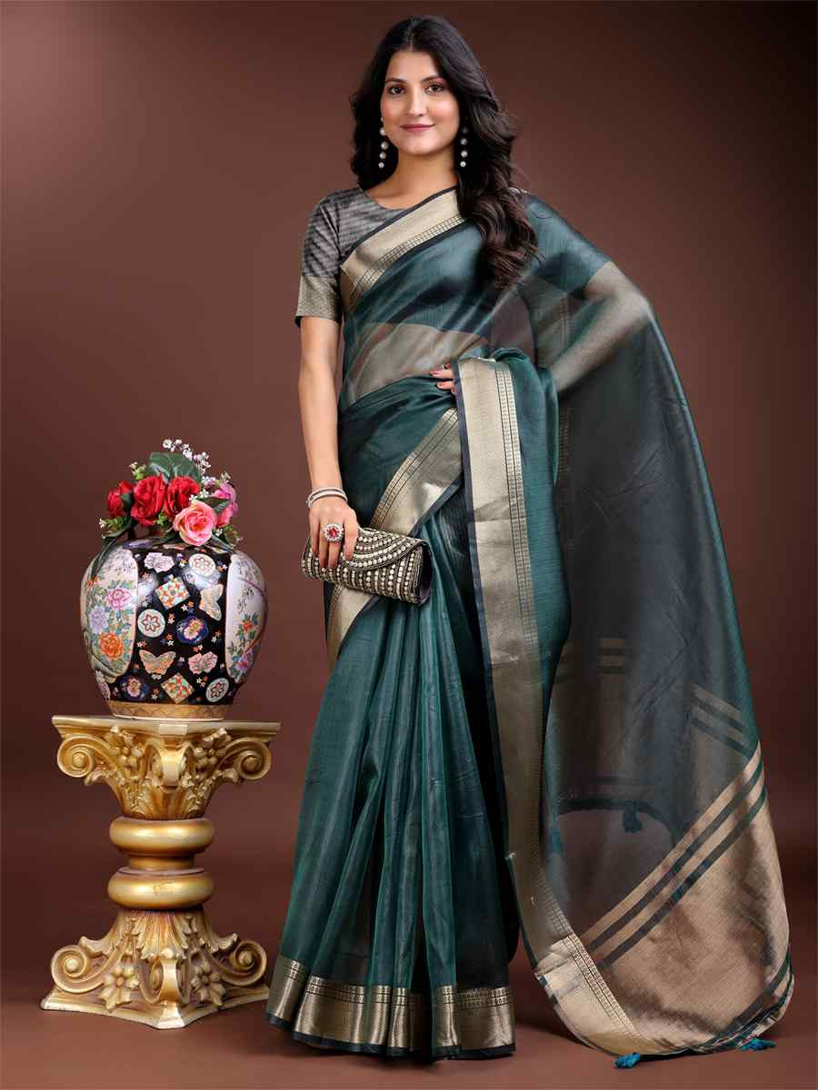 Sea Green Organza Handwoven Festival Wedding Fancy Heavy Border Saree