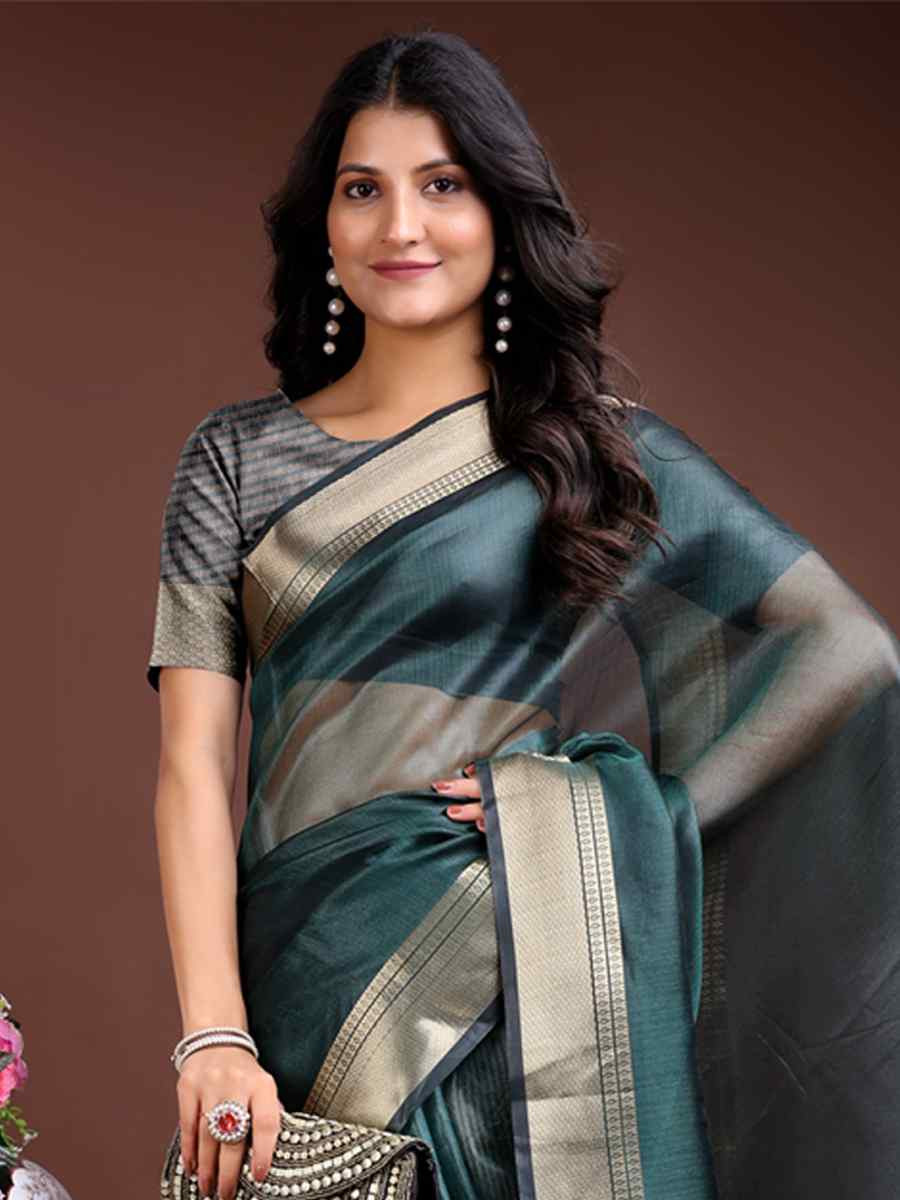 Sea Green Organza Handwoven Festival Wedding Fancy Heavy Border Saree