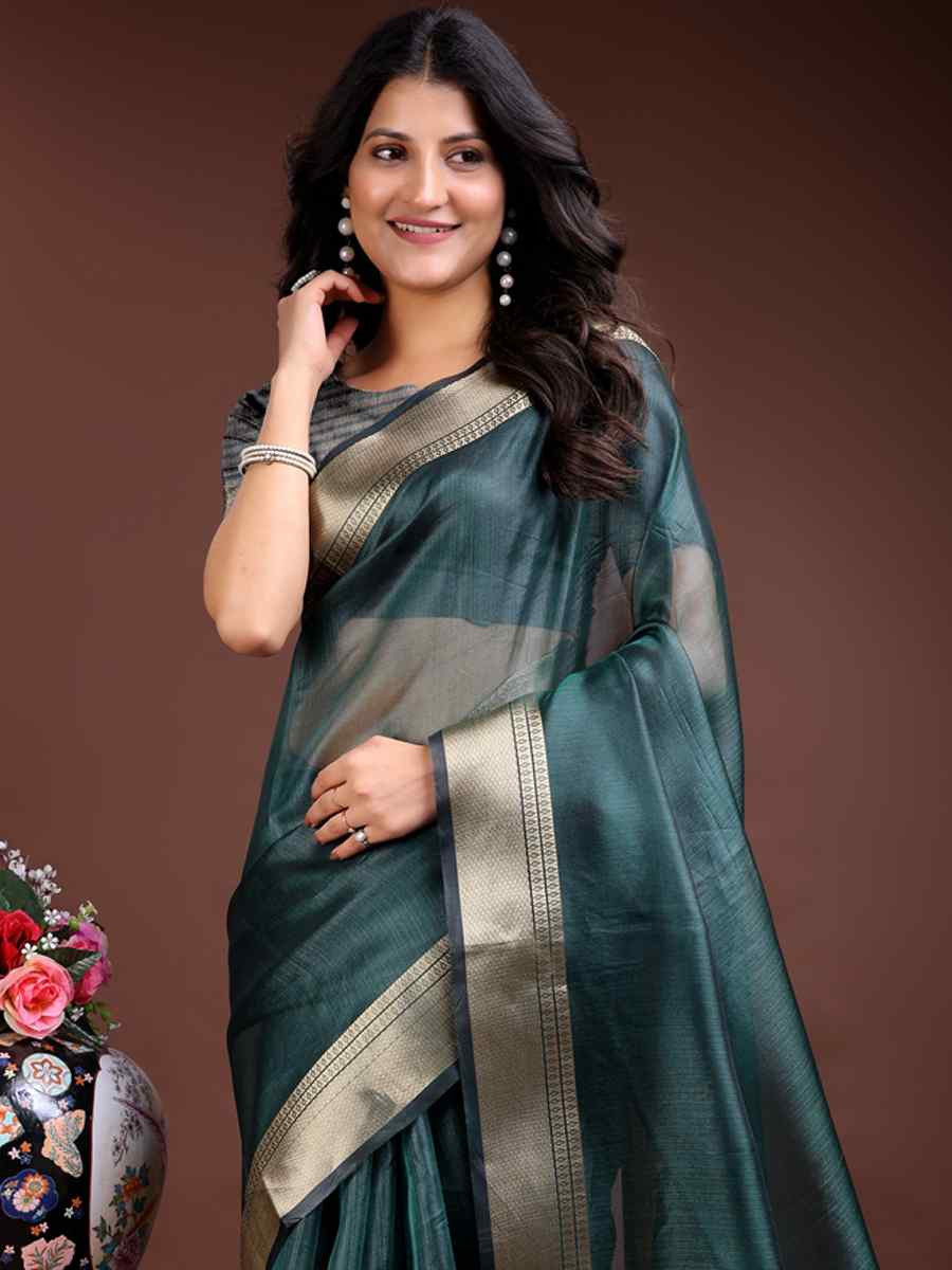 Sea Green Organza Handwoven Festival Wedding Fancy Heavy Border Saree