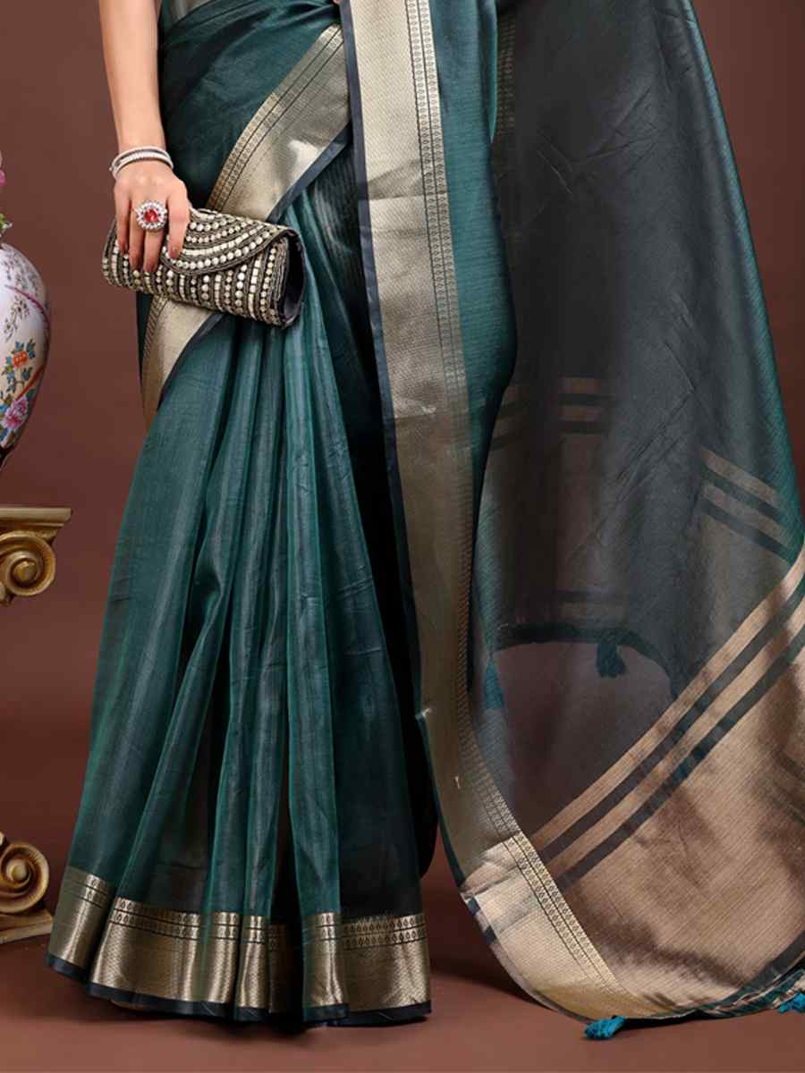 Sea Green Organza Handwoven Festival Wedding Fancy Heavy Border Saree