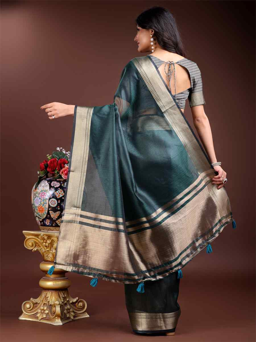 Sea Green Organza Handwoven Festival Wedding Fancy Heavy Border Saree