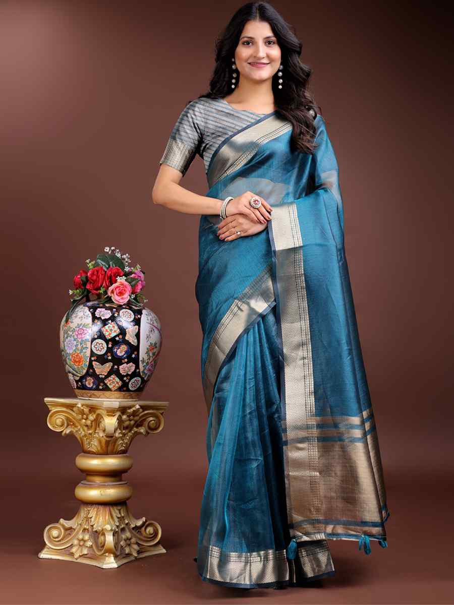 Sea Green Organza Handwoven Festival Wedding Fancy Heavy Border Saree