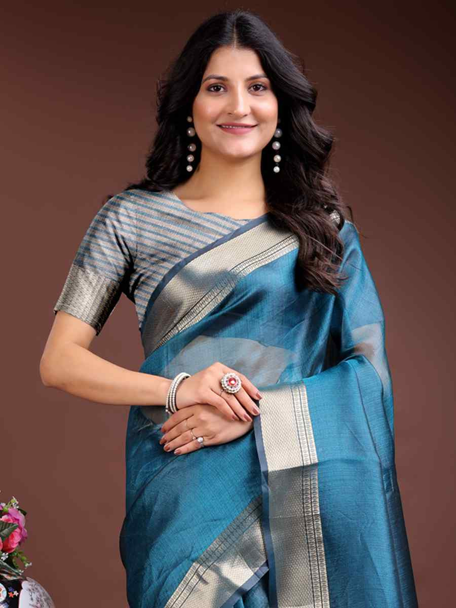 Sea Green Organza Handwoven Festival Wedding Fancy Heavy Border Saree