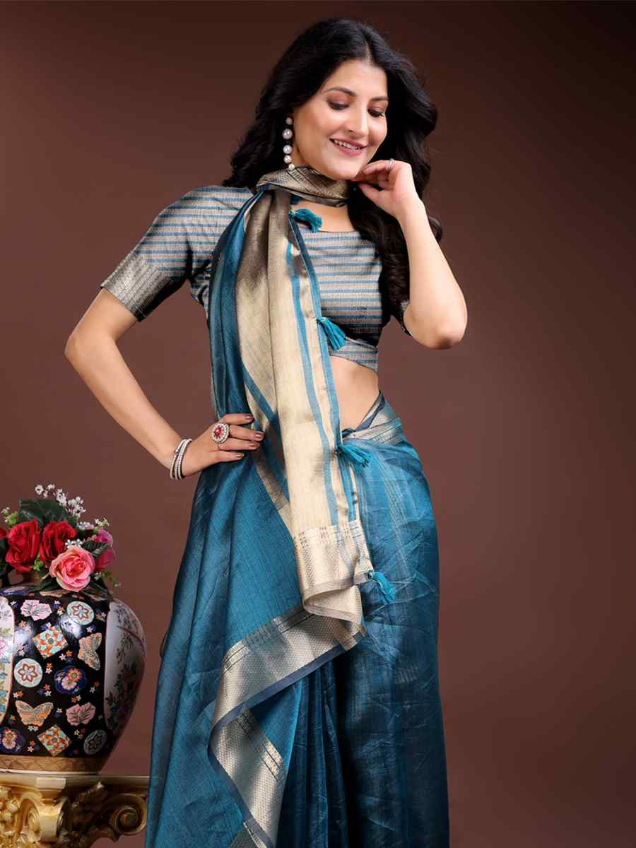 Sea Green Organza Handwoven Festival Wedding Fancy Heavy Border Saree