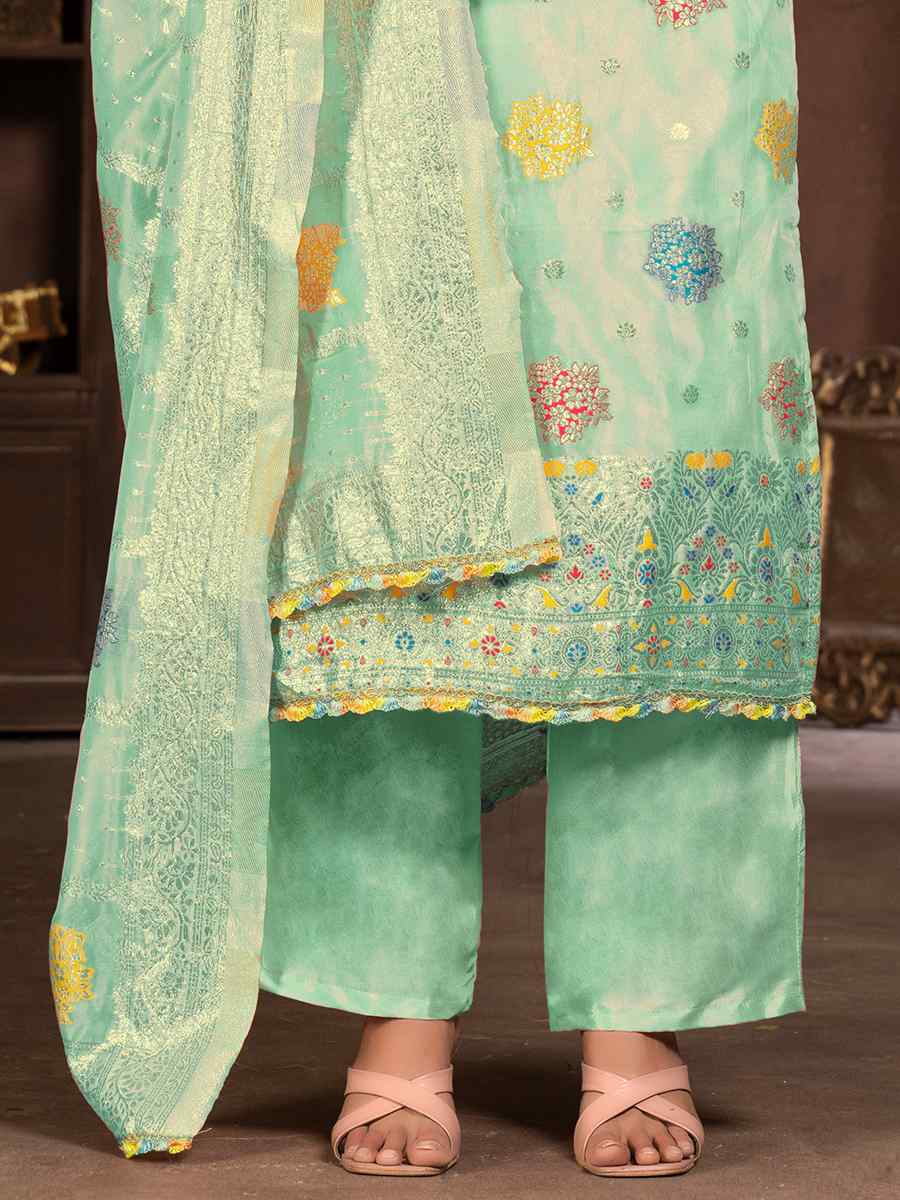 Sea Green Organza Jacquard Embroidered Casual Festival Pant Salwar Kameez