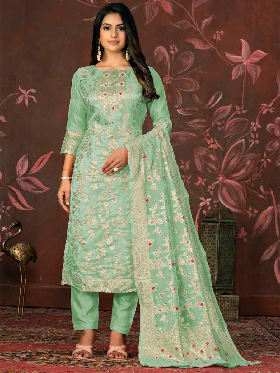 Sea Green Organza Jacquard Embroidered Casual Festival Pant Salwar Kameez