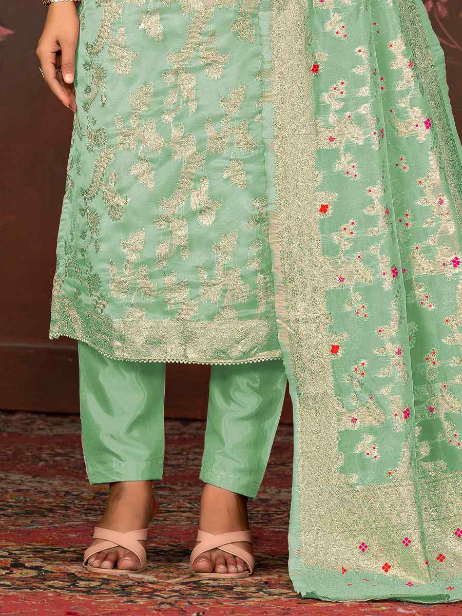 Sea Green Organza Jacquard Embroidered Casual Festival Pant Salwar Kameez