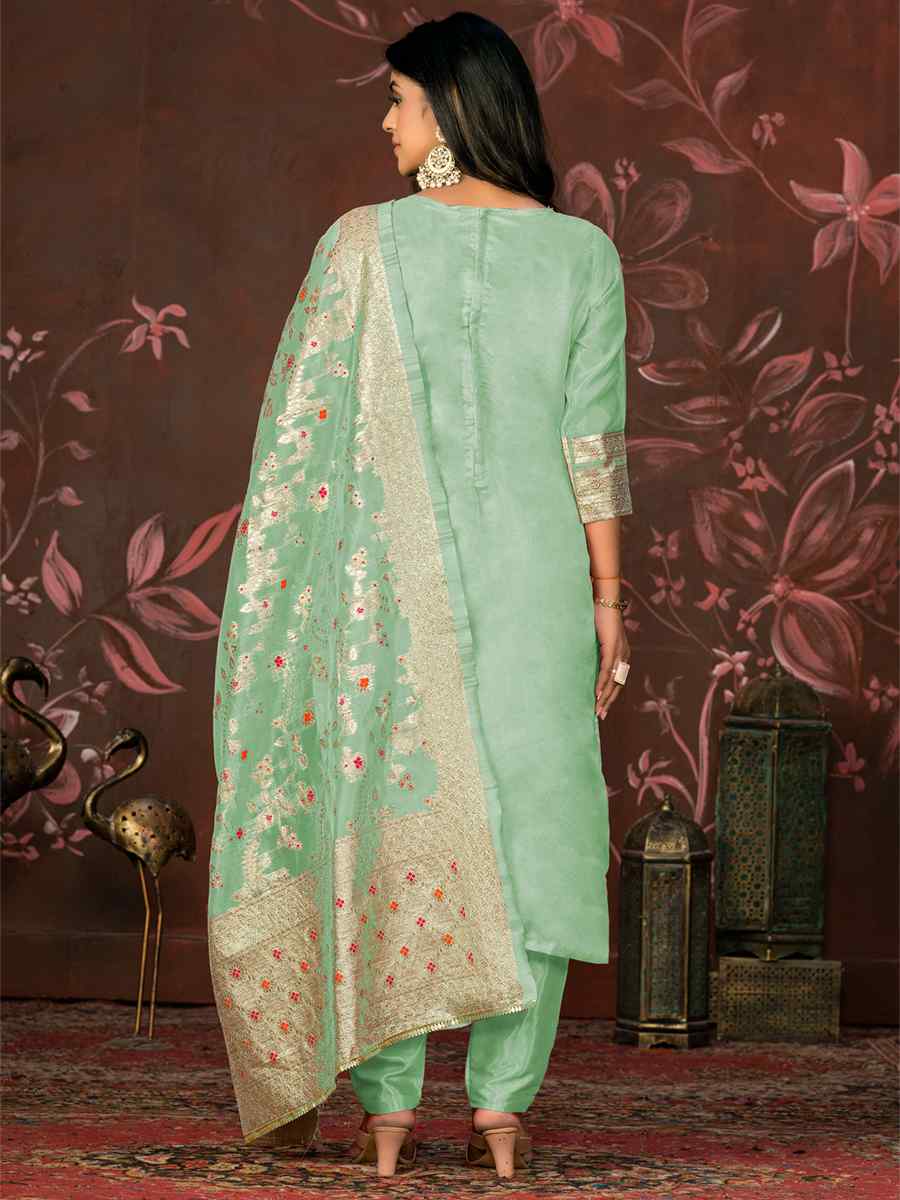 Sea Green Organza Jacquard Embroidered Casual Festival Pant Salwar Kameez