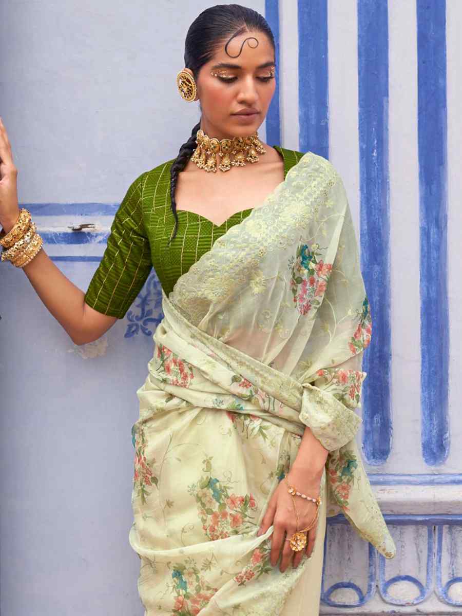 Sea Green Organza Printed Casual Festival Contemporary Saree