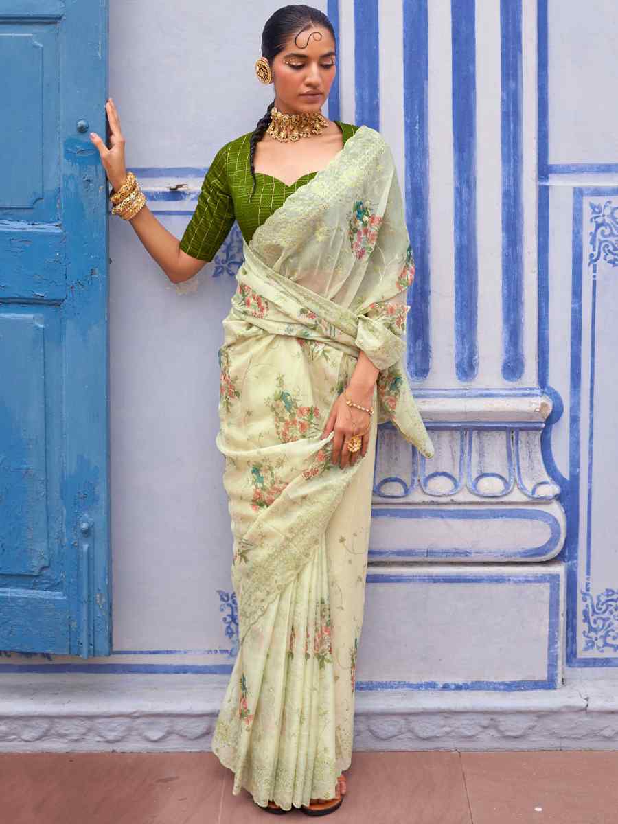 Sea Green Organza Printed Casual Festival Contemporary Saree