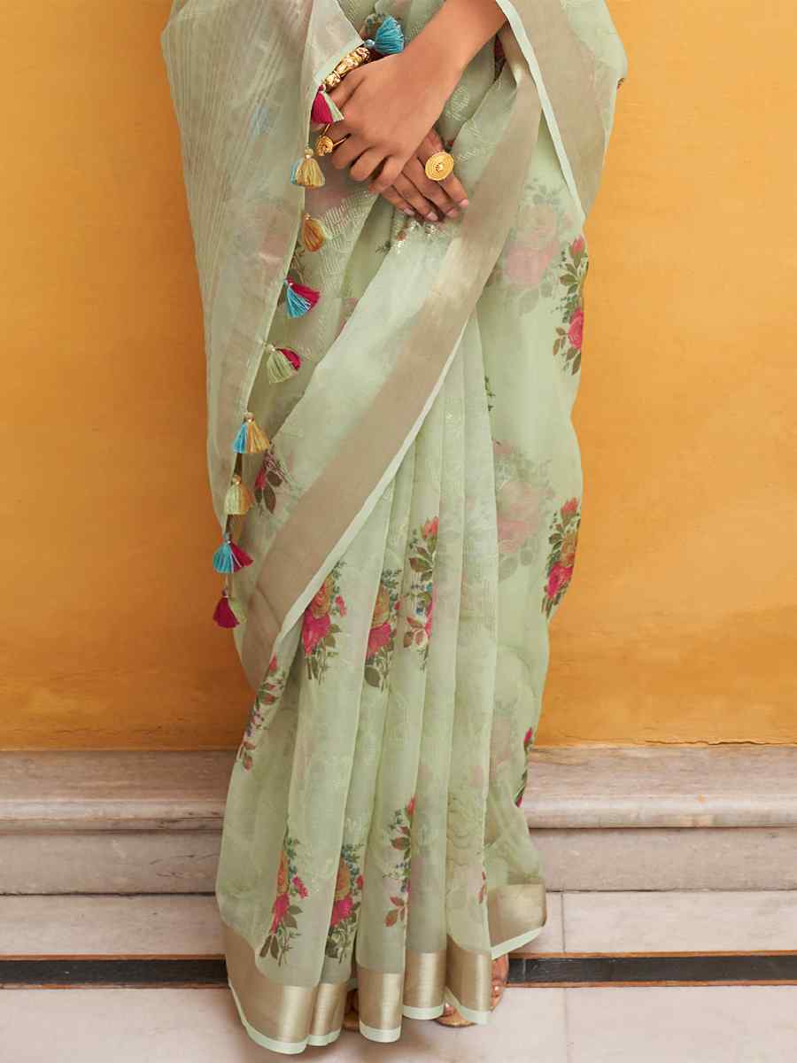 Sea Green Organza Silk Embroidered Party Festival Classic Style Saree