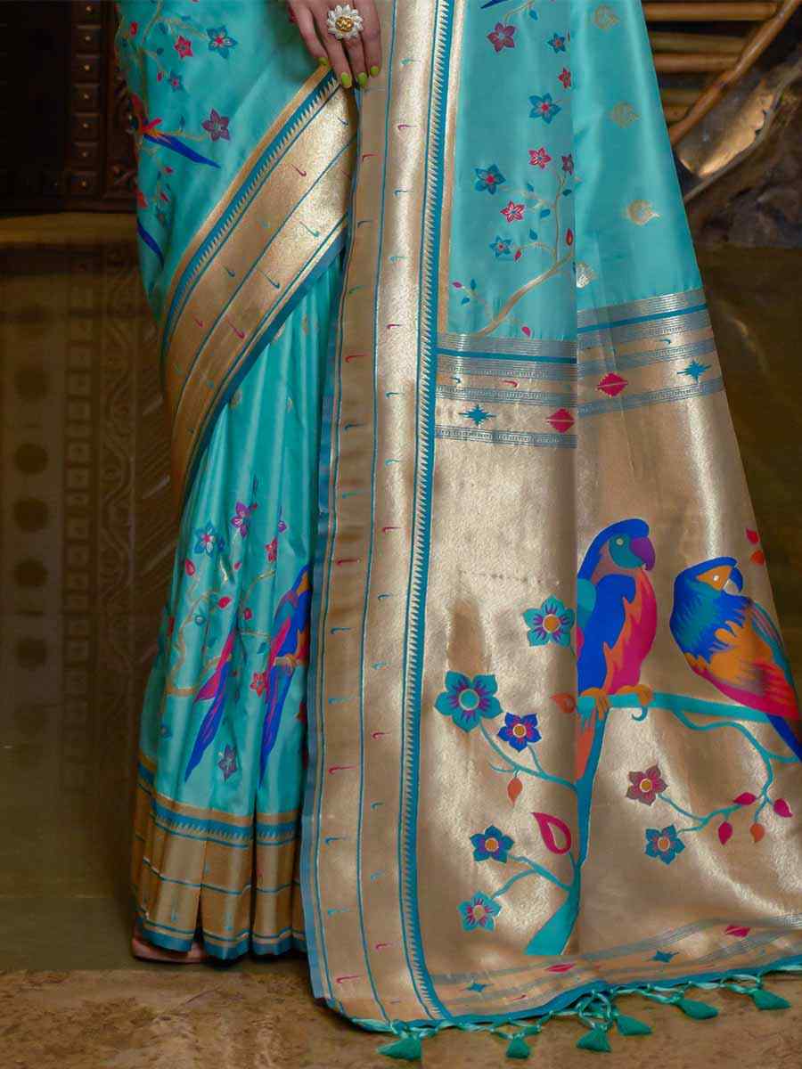 Sea Green Paithani Silk Handwoven Wedding Festival Heavy Border Saree