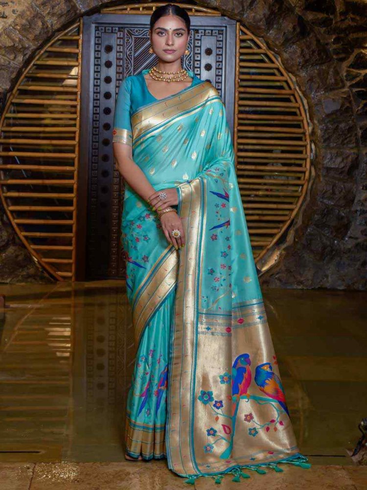 Sea Green Paithani Silk Handwoven Wedding Festival Heavy Border Saree