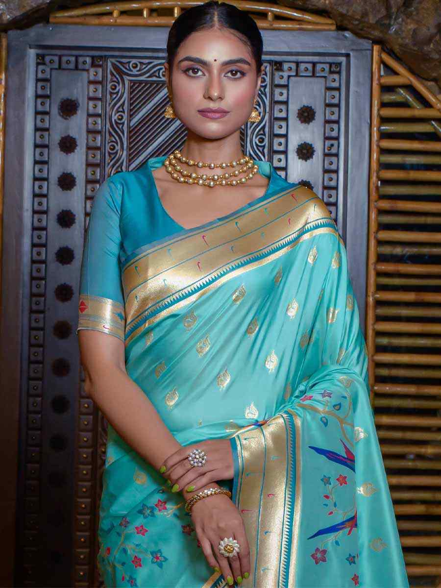 Sea Green Paithani Silk Handwoven Wedding Festival Heavy Border Saree