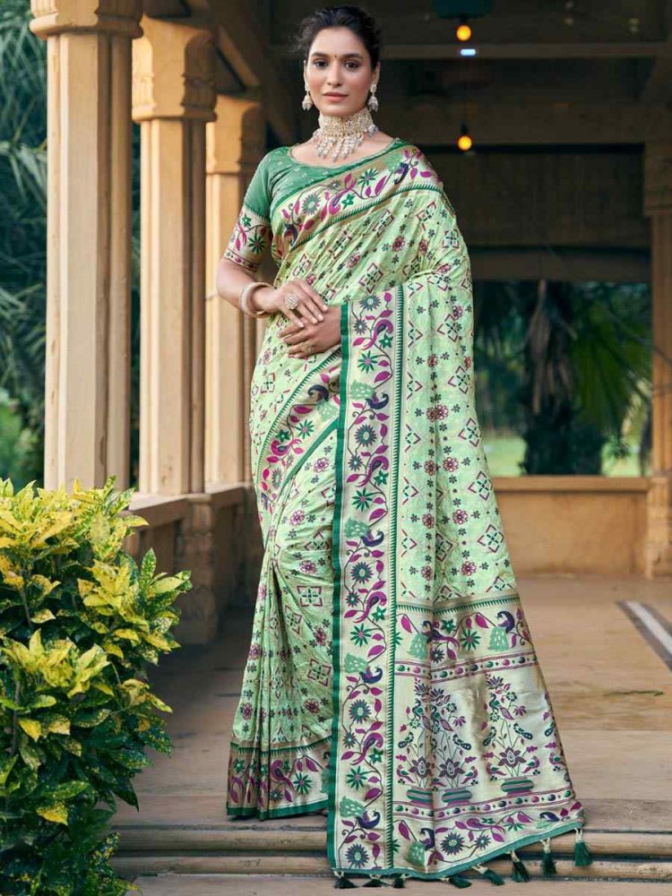 Sea Green Patola Silk Handwoven Wedding Festival Heavy Border Saree