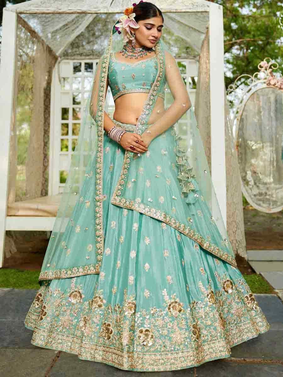 Sea Green Poly Chiffon Embroidered Reception Wedding Heavy Border Lehenga Choli