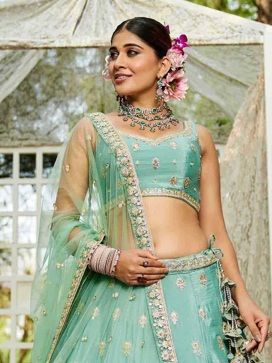 Sea Green Poly Chiffon Embroidered Reception Wedding Heavy Border Lehenga Choli