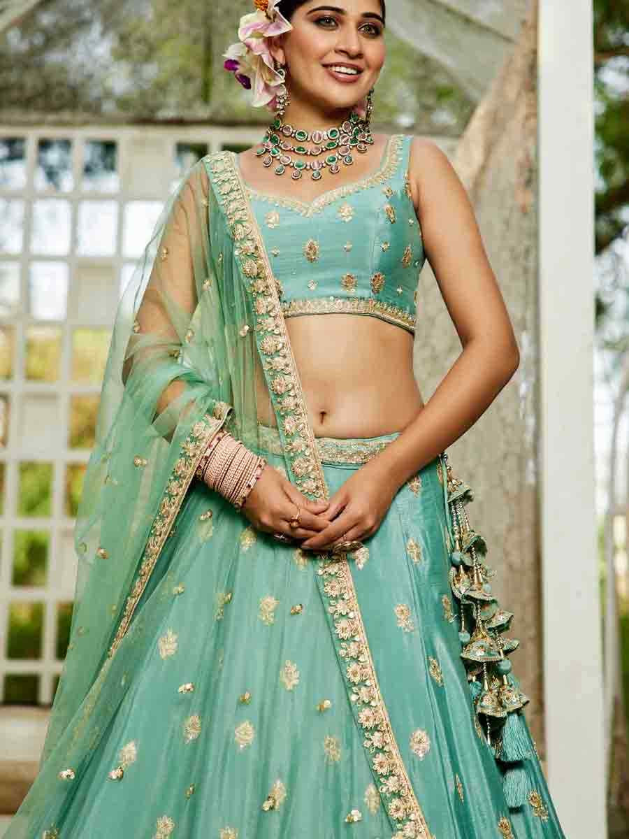 Sea Green Poly Chiffon Embroidered Reception Wedding Heavy Border Lehenga Choli