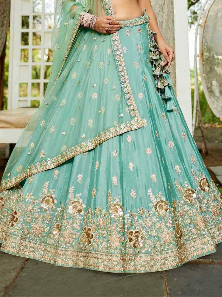 Sea Green Poly Chiffon Embroidered Reception Wedding Heavy Border Lehenga Choli