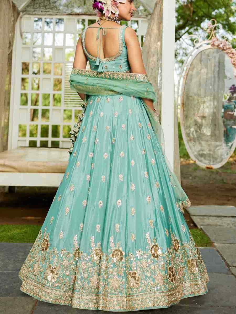 Sea Green Poly Chiffon Embroidered Reception Wedding Heavy Border Lehenga Choli