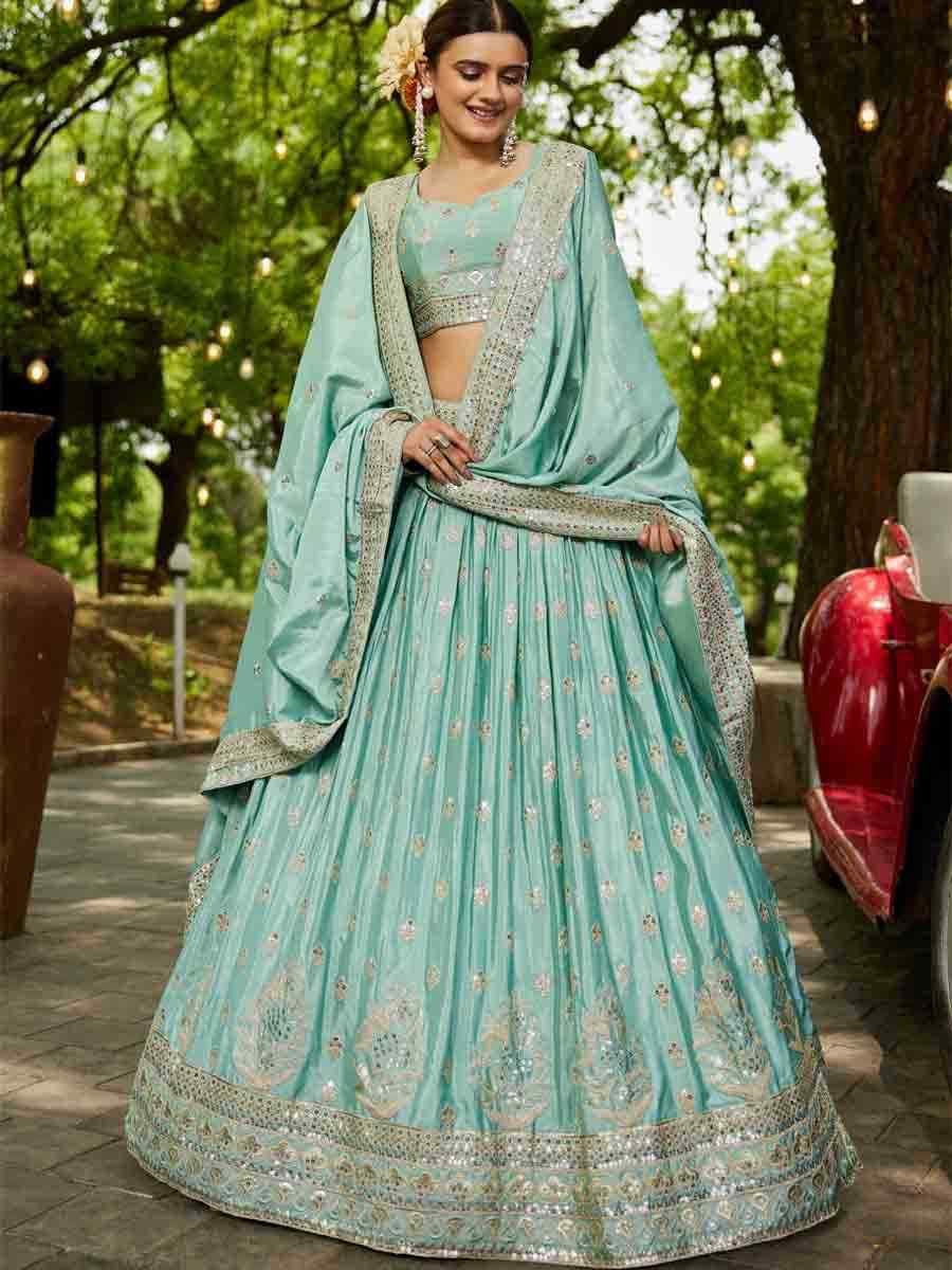 Sea Green Poly Chiffon Embroidered Reception Wedding Heavy Border Lehenga Choli