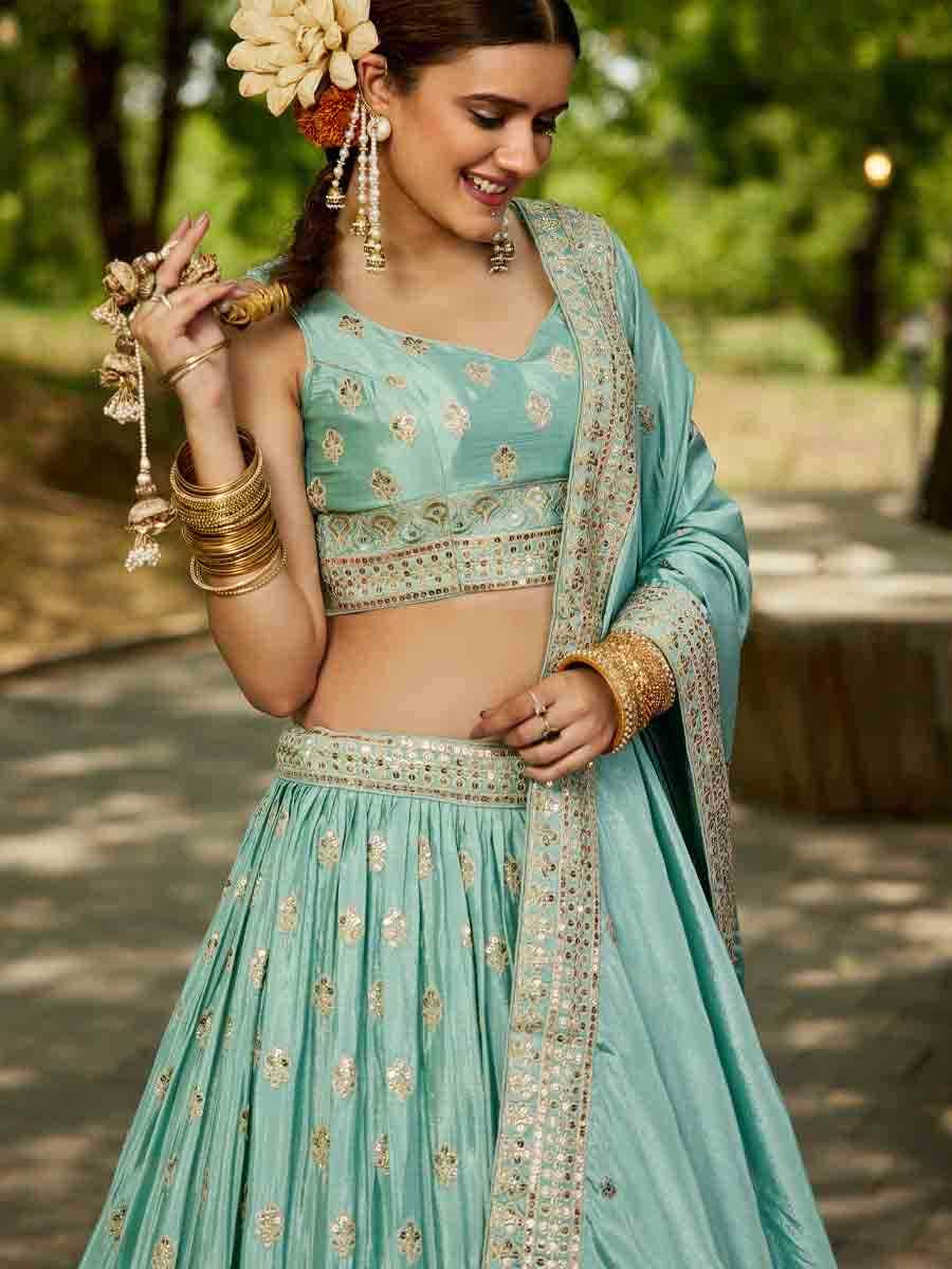 Sea Green Poly Chiffon Embroidered Reception Wedding Heavy Border Lehenga Choli