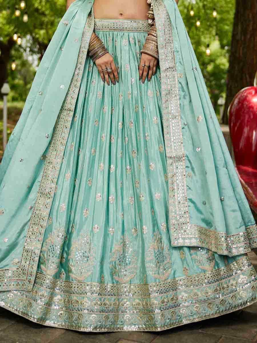 Sea Green Poly Chiffon Embroidered Reception Wedding Heavy Border Lehenga Choli