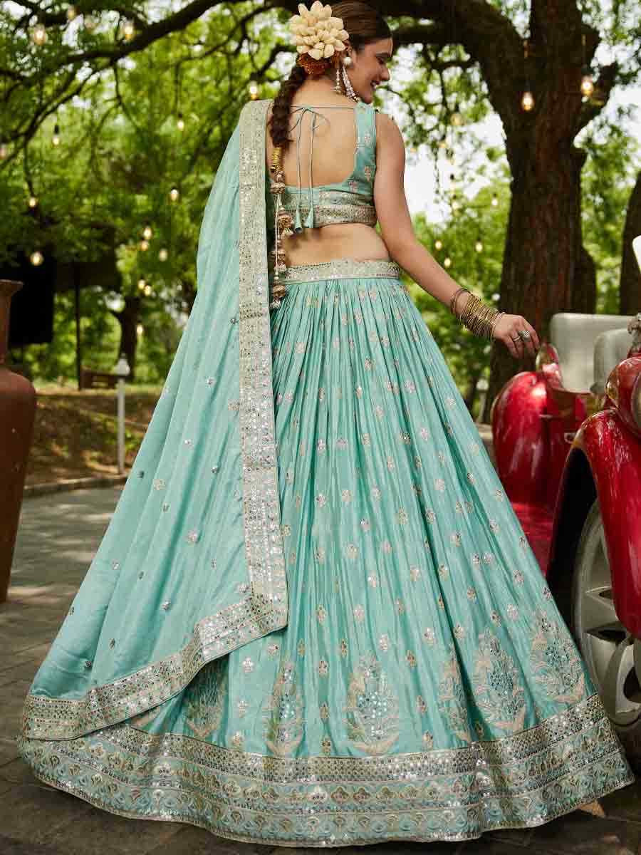 Sea Green Poly Chiffon Embroidered Reception Wedding Heavy Border Lehenga Choli