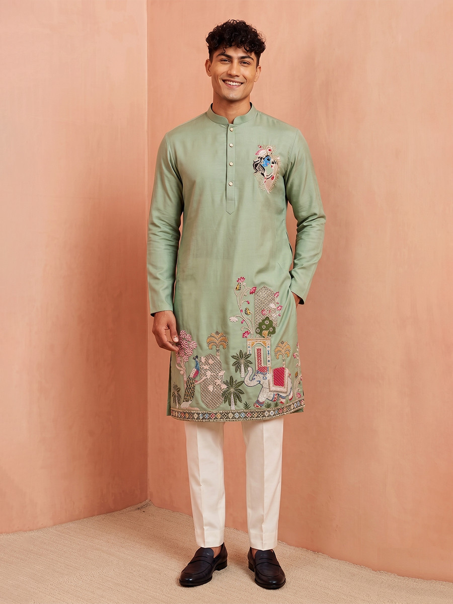 Sea Green Polystar Satin Mix Silk Embroidery Beads Wedding Party Festival Casual Mens Wear Kurta