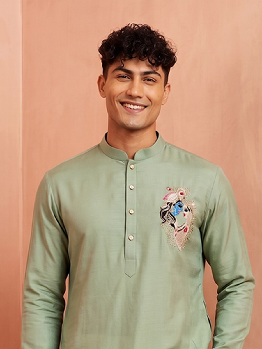 Sea Green Polystar  Satin Mix Silk Embroidery Beads Wedding Party Festival Casual Mens Wear Kurta