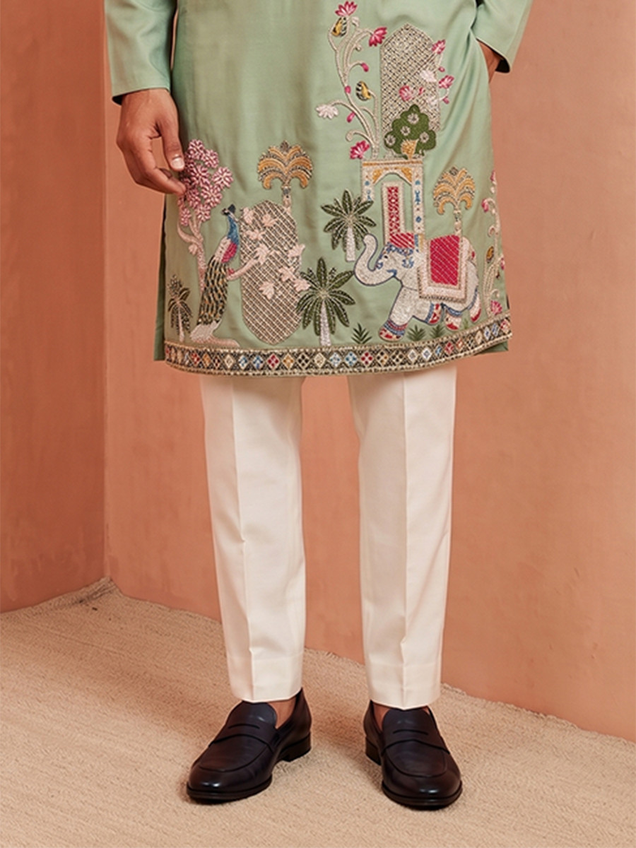 Sea Green Polystar  Satin Mix Silk Embroidery Beads Wedding Party Festival Casual Mens Wear Kurta