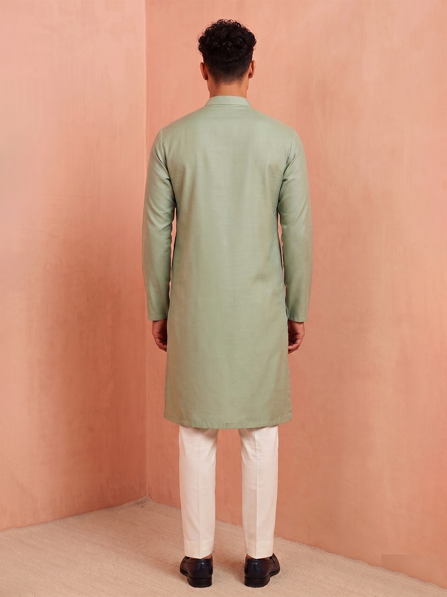 Sea Green Polystar  Satin Mix Silk Embroidery Beads Wedding Party Festival Casual Mens Wear Kurta