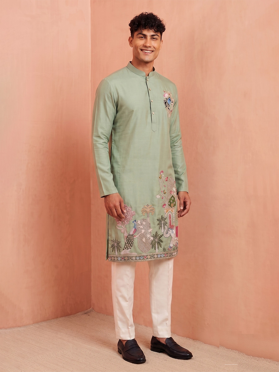 Sea Green Polystar Satin Mix Silk Embroidery Beads Wedding Party Festival Casual Mens Wear Kurta