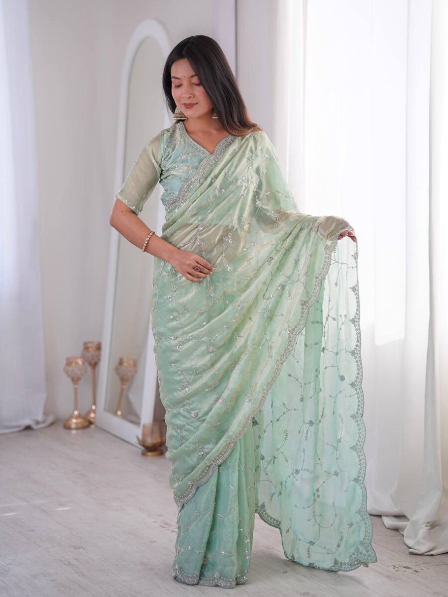 Sea Green Premium Two Tone Fandy Silk Embroidery Sequins Wedding Reception Party Festival Casual Heavy Border Sarees