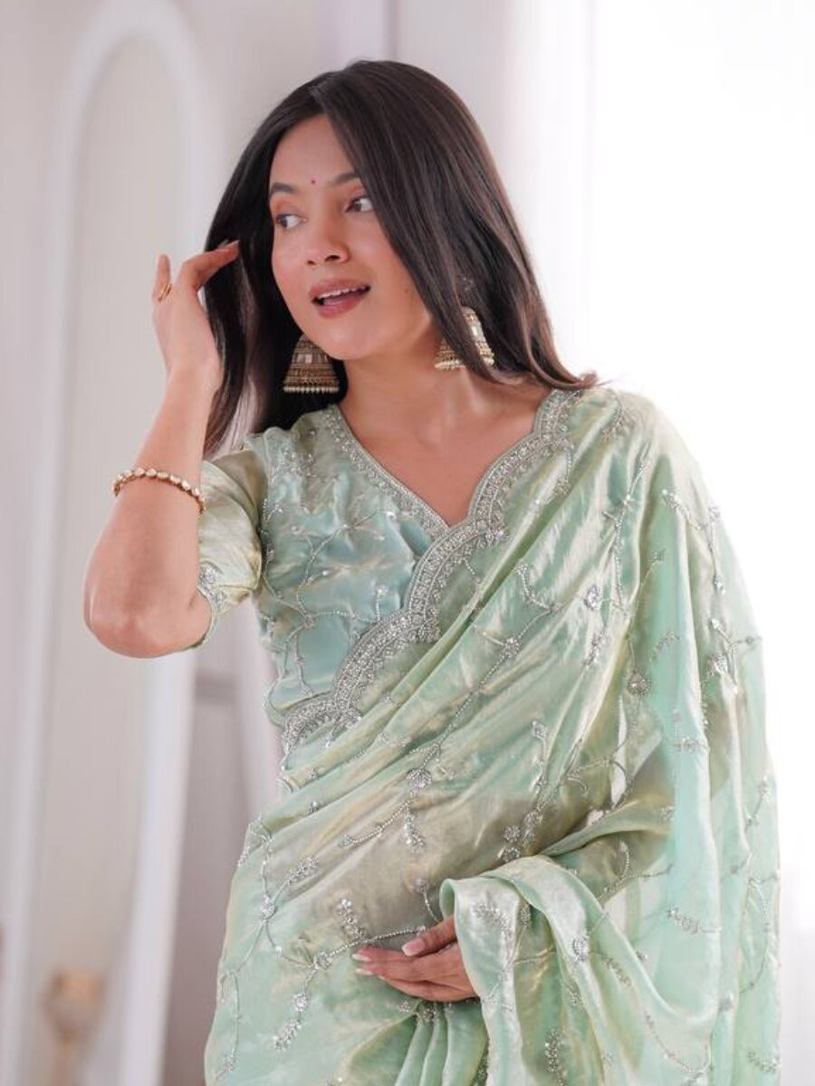 Sea Green Premium Two Tone Fandy Silk Embroidery Sequins Wedding Reception Party Festival Casual Heavy Border Sarees