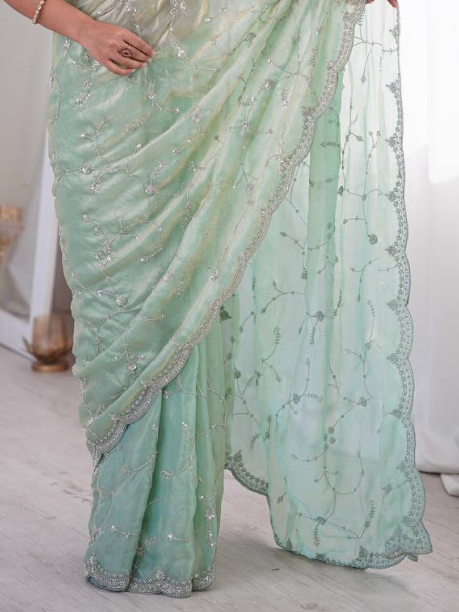 Sea Green Premium Two Tone Fandy Silk Embroidery Sequins Wedding Reception Party Festival Casual Heavy Border Sarees