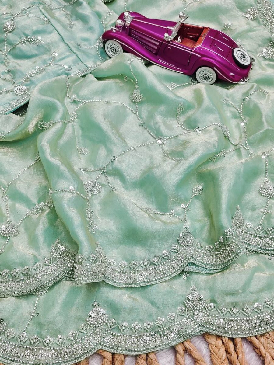 Sea Green Premium Two Tone Fandy Silk Embroidery Sequins Wedding Reception Party Festival Casual Heavy Border Sarees