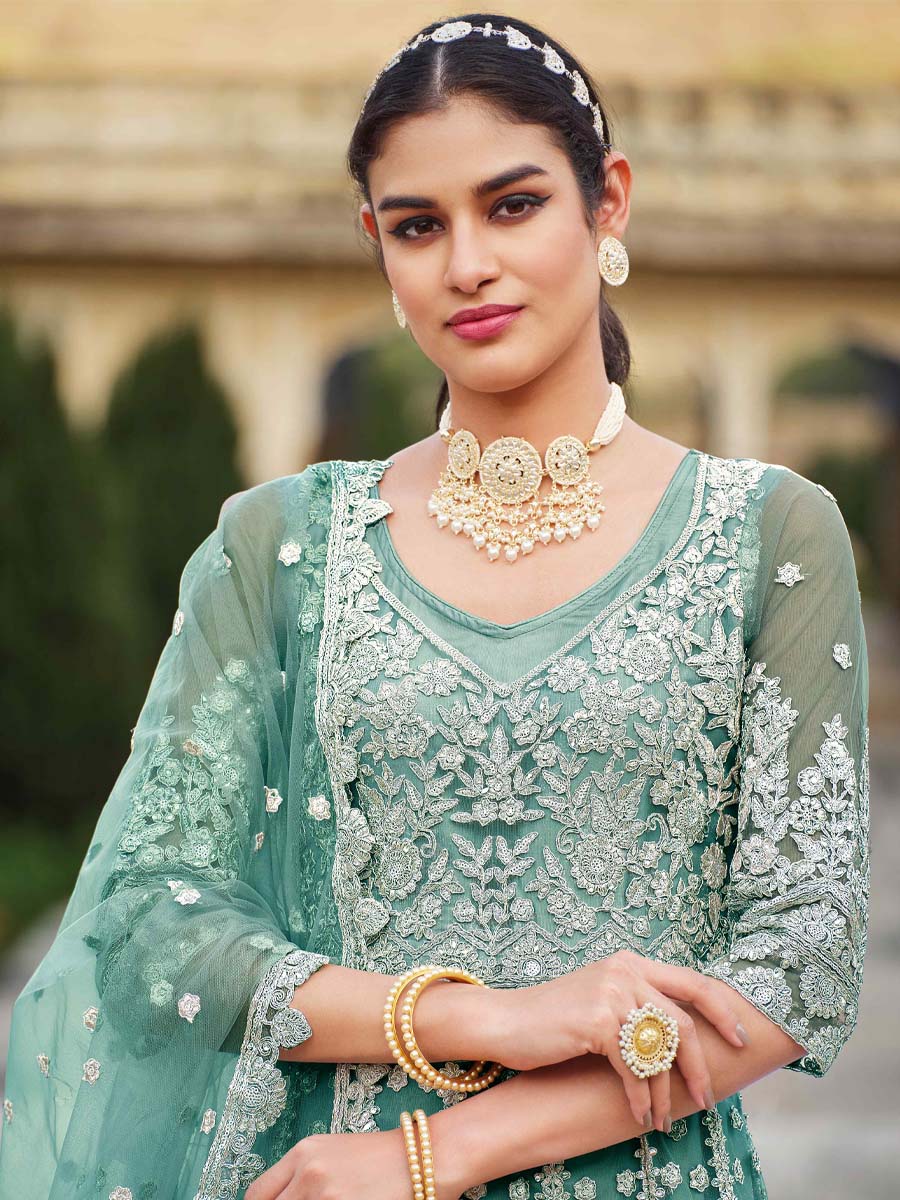 Sea Green Pure Butterfly Net Embroidered Wedding Engagement Anarkali Salwar Kameez