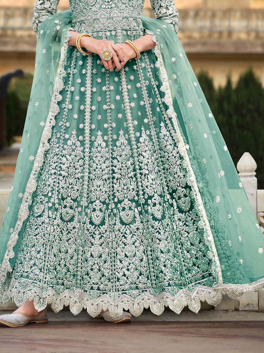 Sea Green Pure Butterfly Net Embroidered Wedding Engagement Anarkali Salwar Kameez