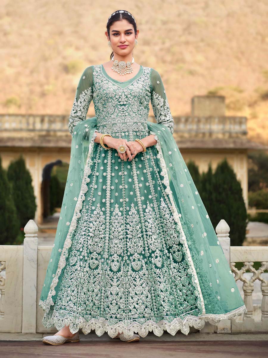 Sea Green Pure Butterfly Net Embroidered Wedding Engagement Anarkali Salwar Kameez