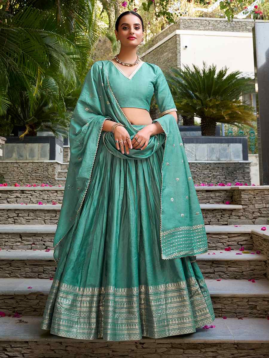 Sea Green Pure Chanderi Embroidered Wedding Bridesmaid Heavy Border Lehenga Choli