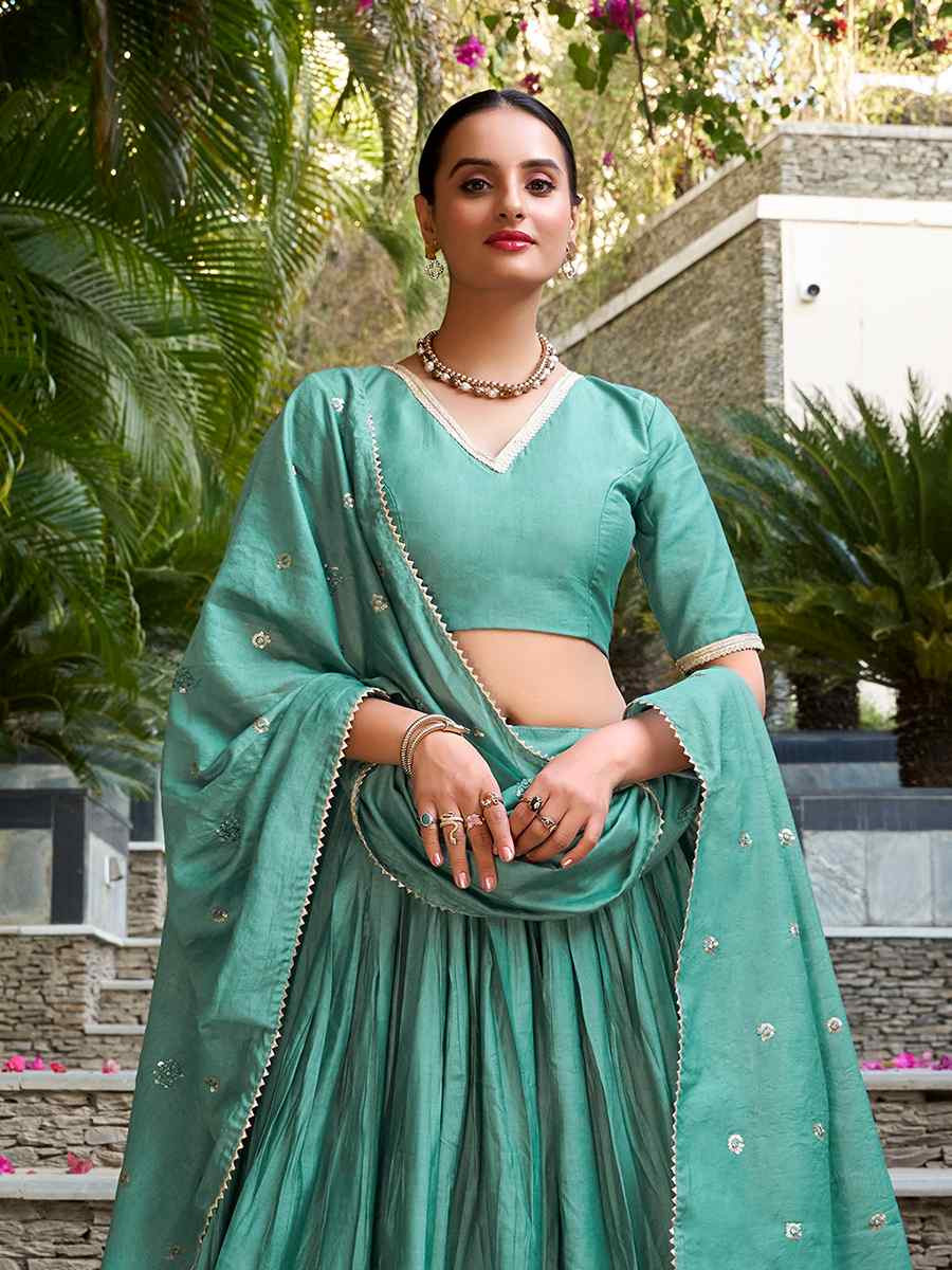 Sea Green Pure Chanderi Embroidered Wedding Bridesmaid Heavy Border Lehenga Choli