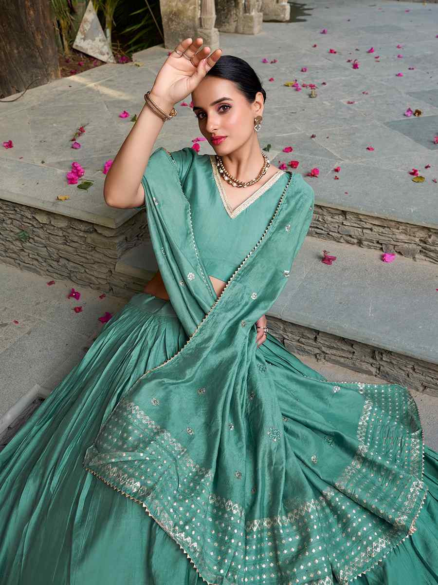 Sea Green Pure Chanderi Embroidered Wedding Bridesmaid Heavy Border Lehenga Choli