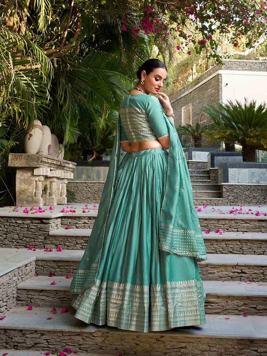 Sea Green Pure Chanderi Embroidered Wedding Bridesmaid Heavy Border Lehenga Choli