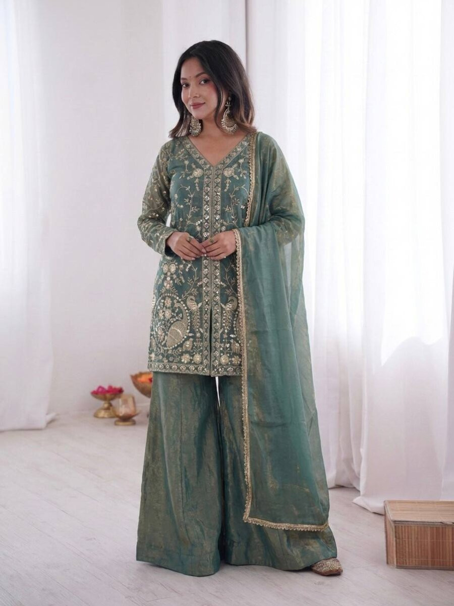 Sea Green Pure Fendy Silk Embroidery Sequins Wedding Party Festival Casual Ready Palazzo Pant Salwar Kameez