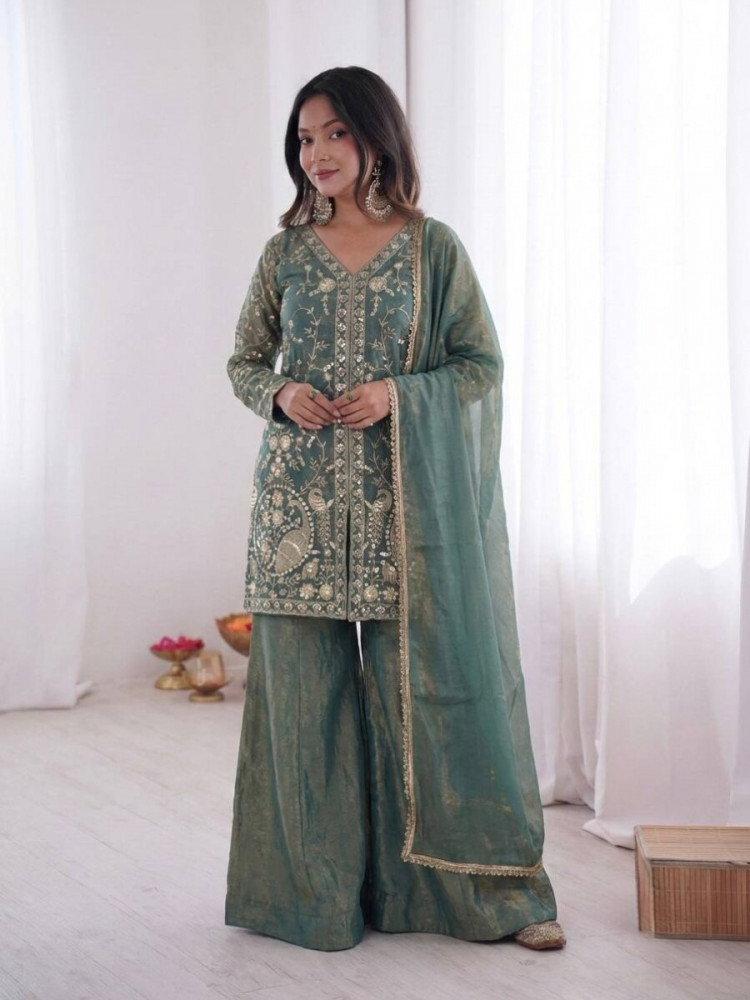 Image of Sea Green Pure Fendy Silk Embroidery Sequins Wedding Party Festival Casual Ready Palazzo Pant Salwar Kameez